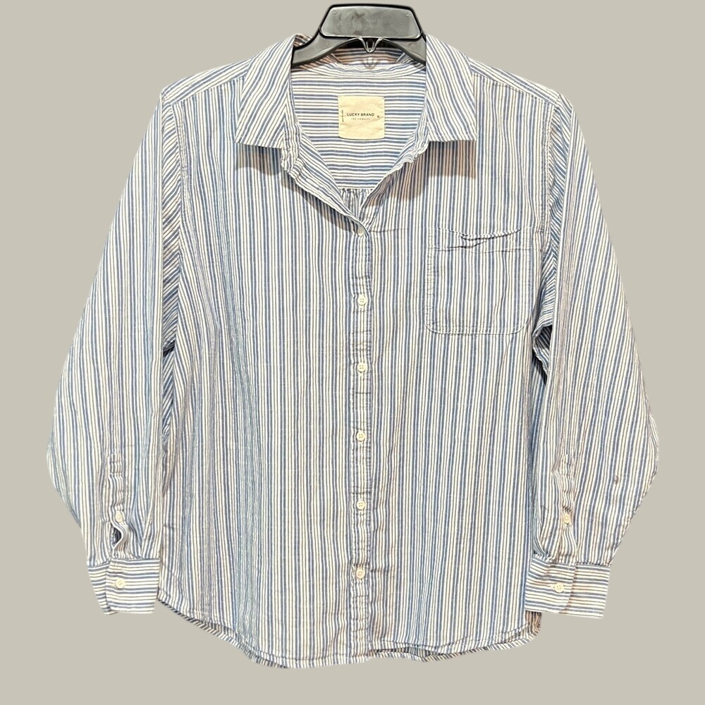 Lucky Brand Classic Striped Button Up Top XL Blue White Preppy Academia Chic